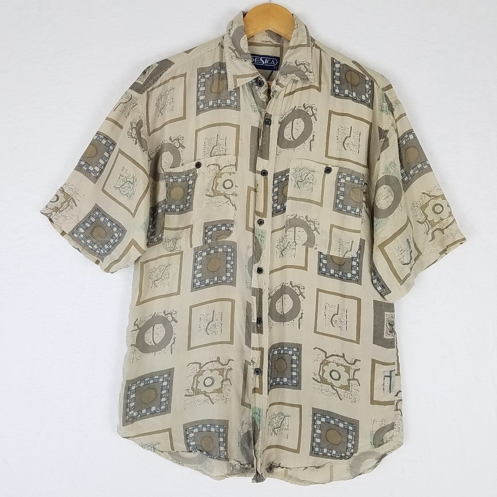 Vintage Desica 100% Silk Button Front Printed Short Sleeve Shirt Top Large